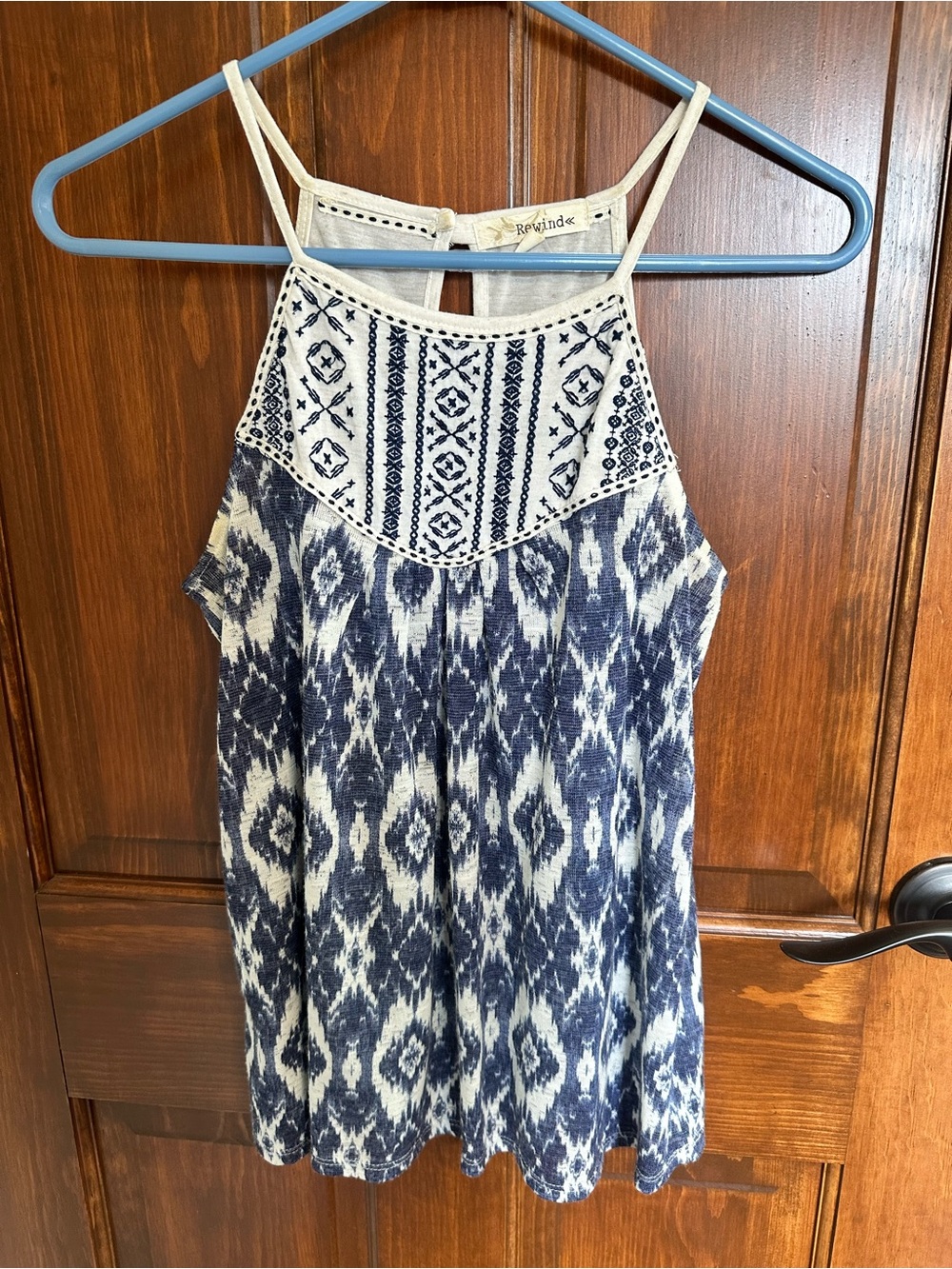 Rewind Blue and White Embroidered Halter Tank Top